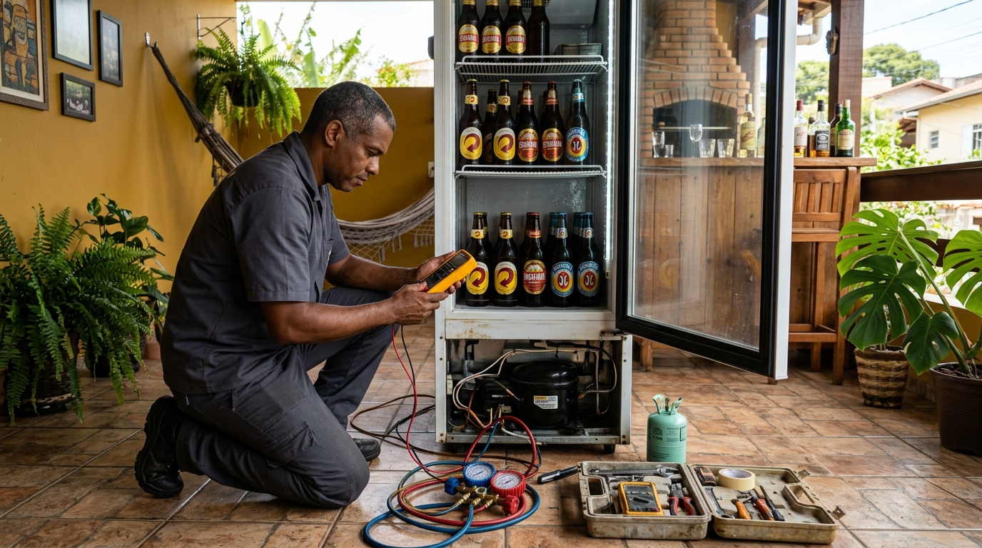 Placa eletrônica de cervejeira em reparo na bancada em Guarulhos‑SP