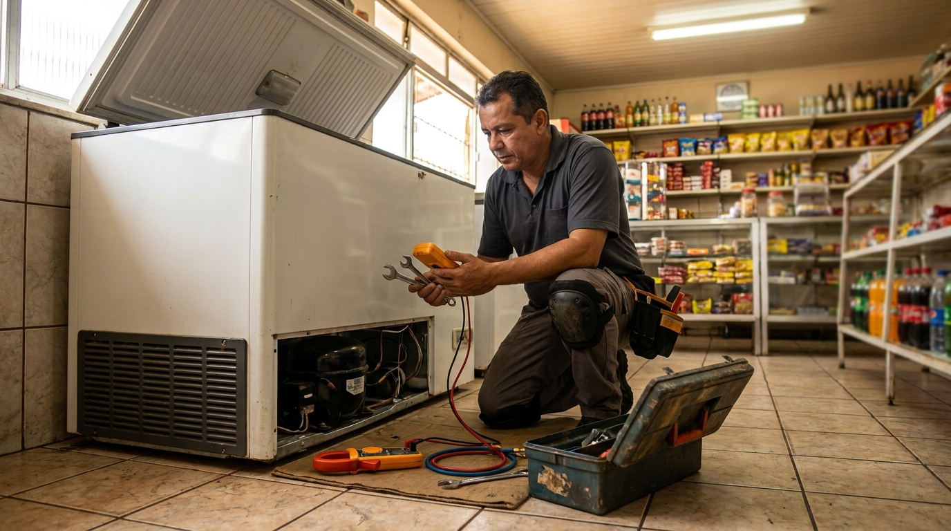 Técnico reparando o motor de um freezer horizontal em Guarulhos‑SP