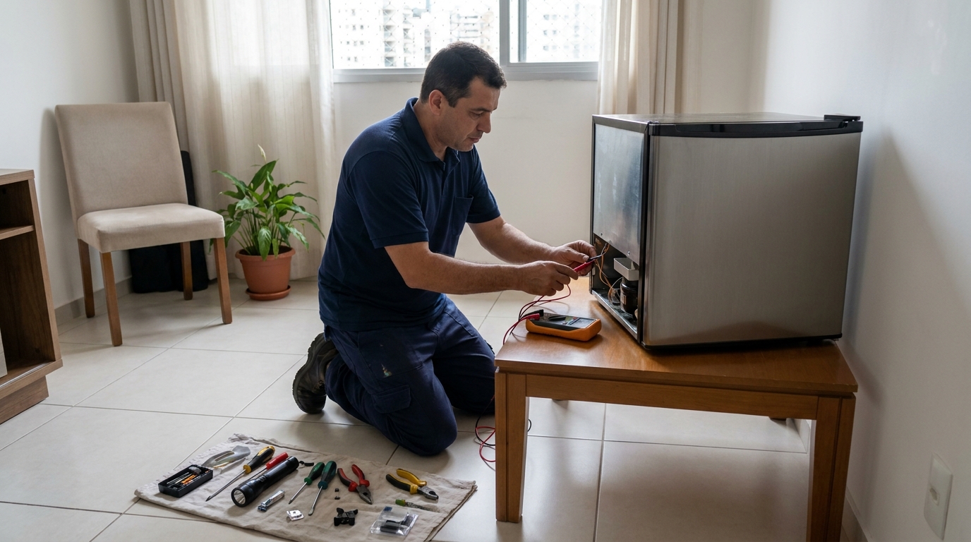 Técnico revisando o motor de um frigobar em Guarulhos‑SP